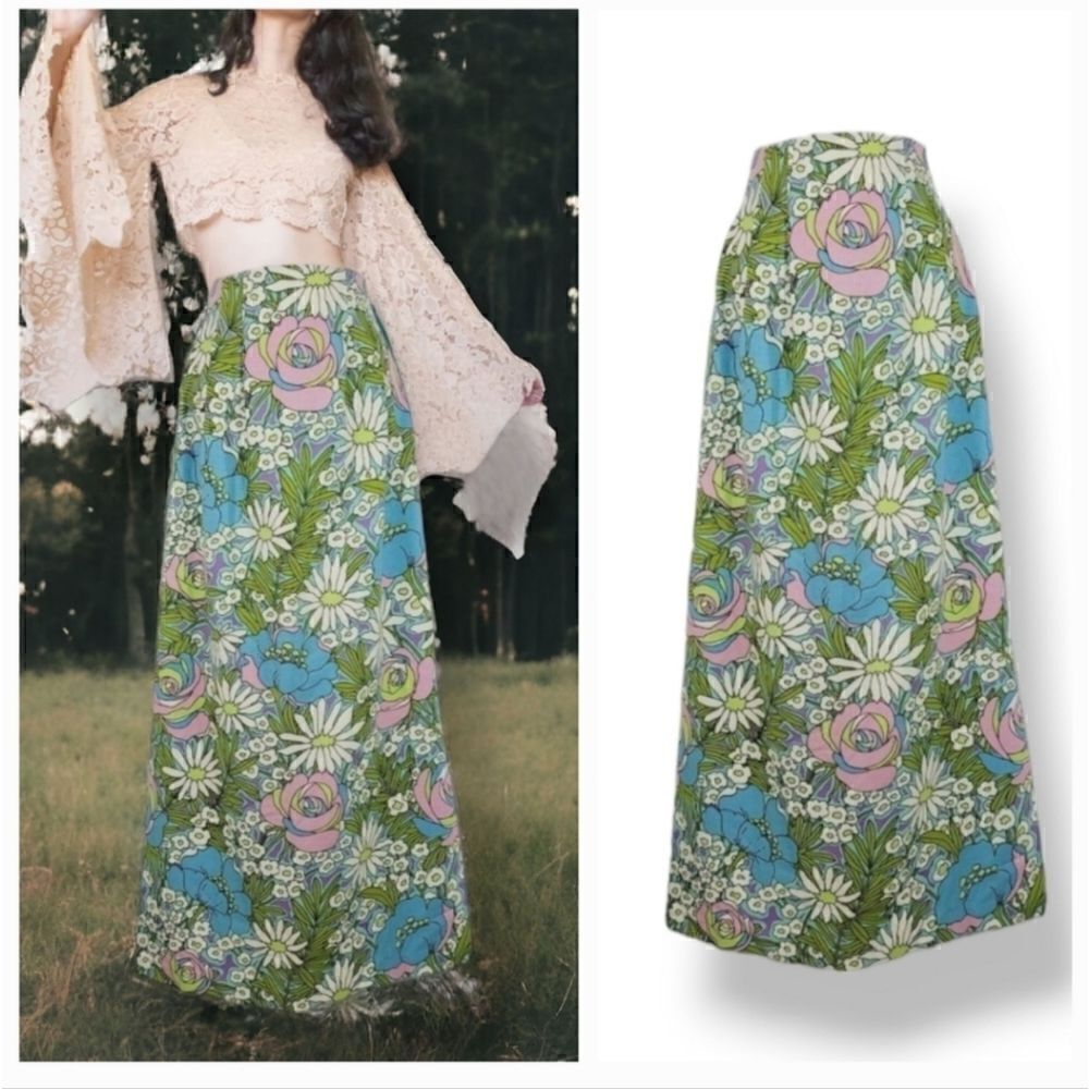 Vintage 60s 70s Handmade Cottagecore Boho Mod Hippie Floral Maxi Skirt Small